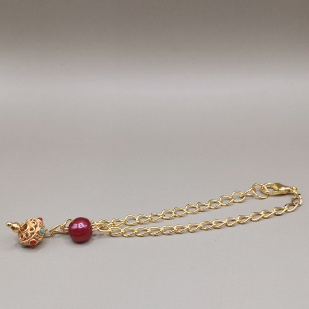 Hand Made 💕 Elegant Gold Chain Bracelet with Red Pearl Bead